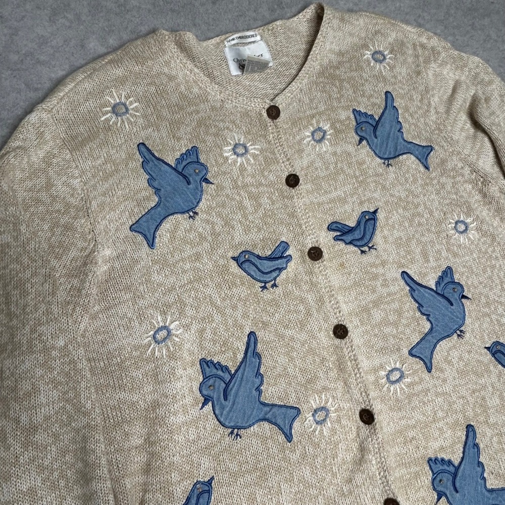 Christopher & Banks Beige Cardigan Sweater with Blue Bird Appliqués
